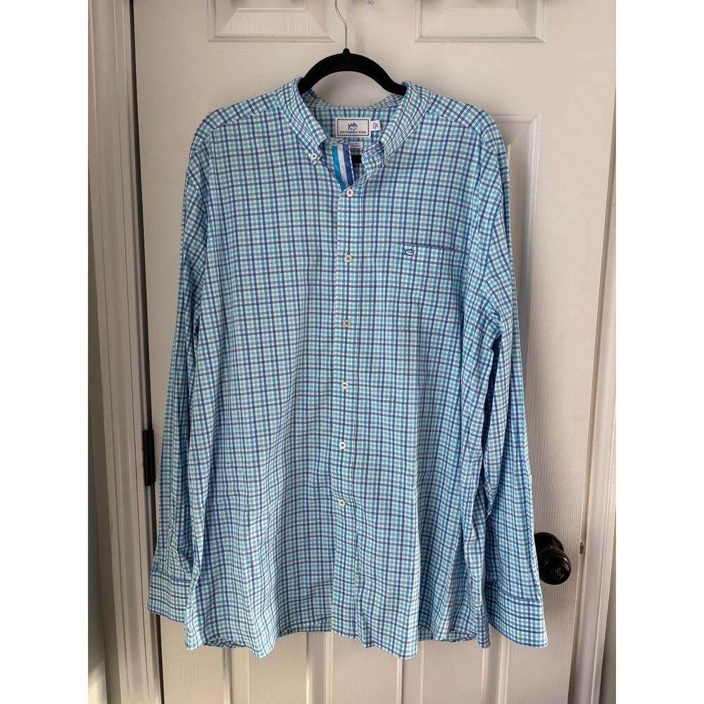 Southern Tide Men's Blue Gingham Button Down Size XL Classic Fit Cotton Blend